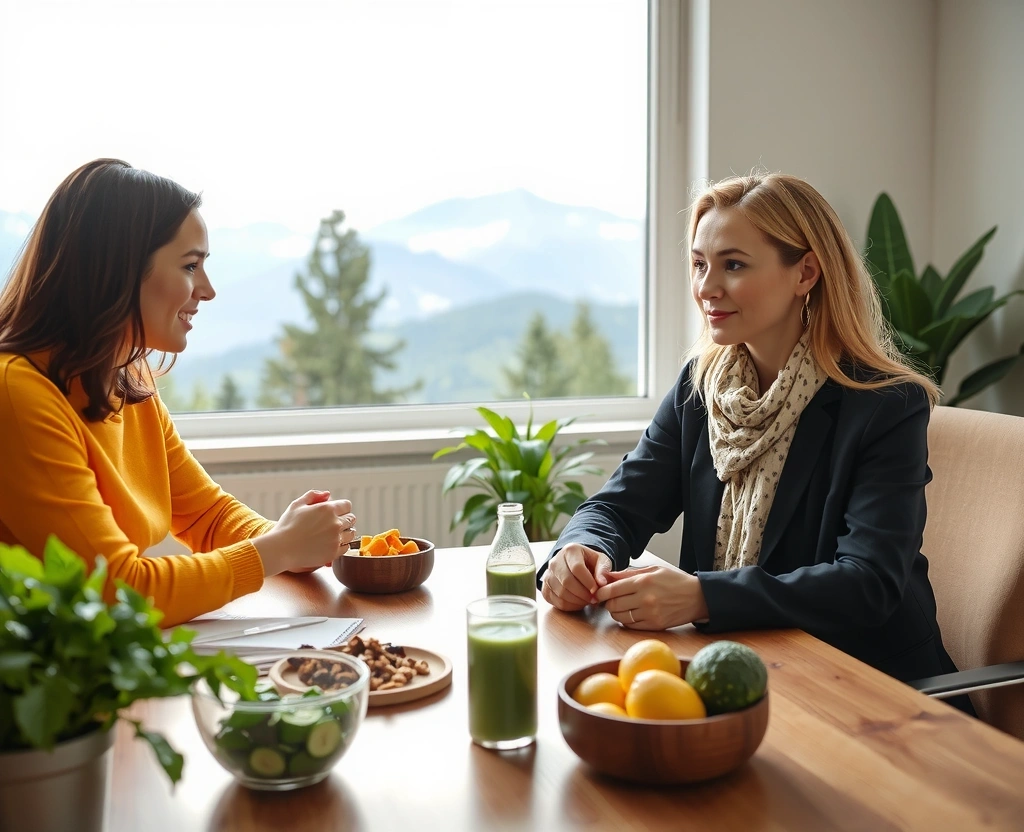 Sarah Müller beim Beratungsgespräch mit Klientin in moderner Praxis